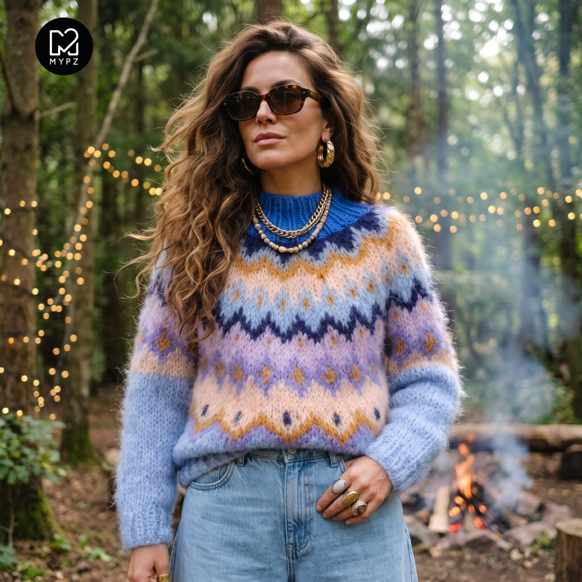 MYPZ Pull en mohair épais tricoté du haut vers le bas Blueberry