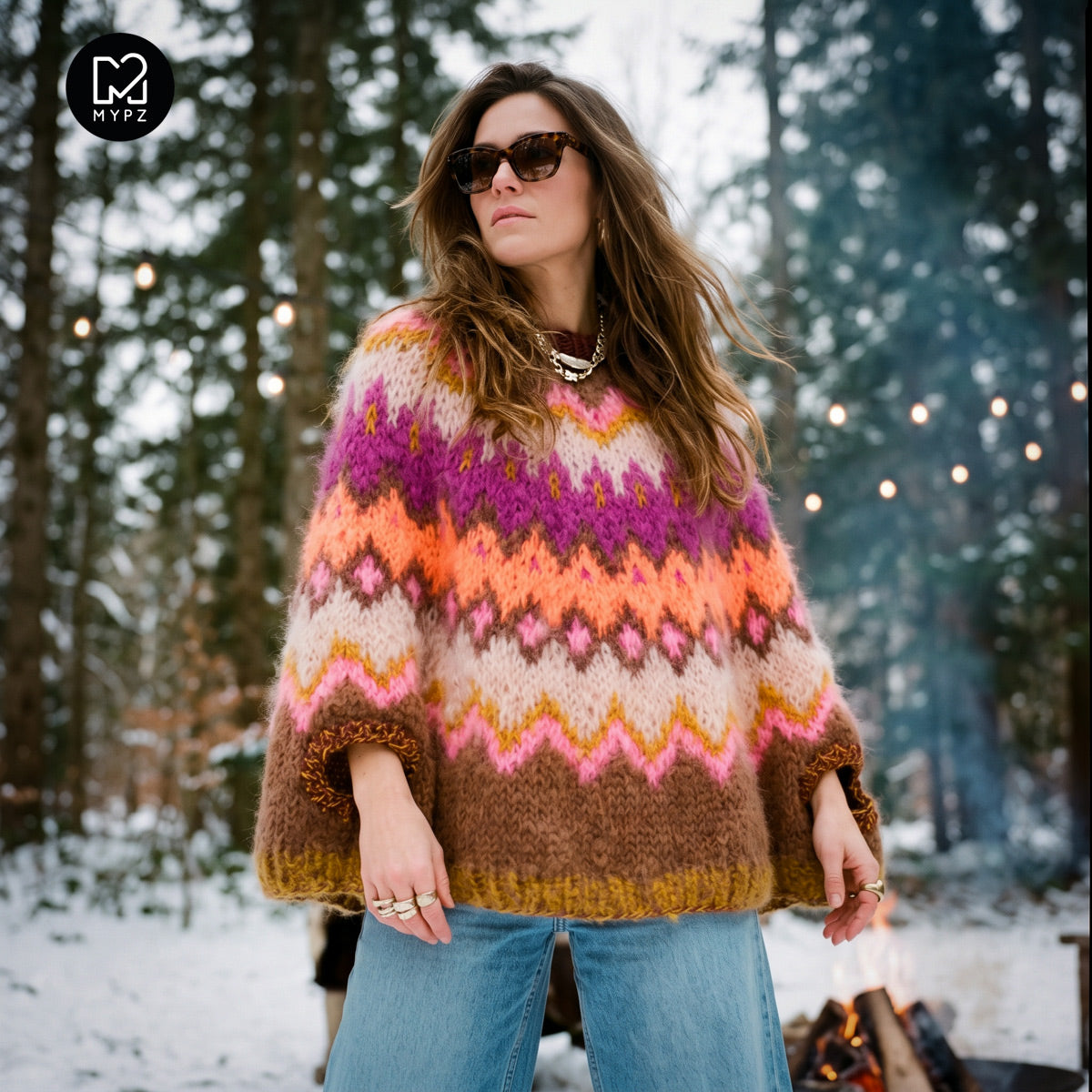 MYPZ Poncho en mohair épais tricoté de haut en bas, Brownberry