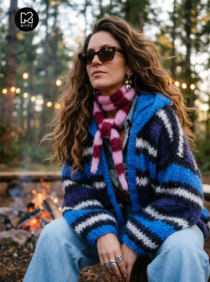 Patron de tricot - MYPZ gilet bomber à capuche en mohair épais bleu n° 15 (ENG-DE-NL-ES-FR-IT-DA-SV-NO)