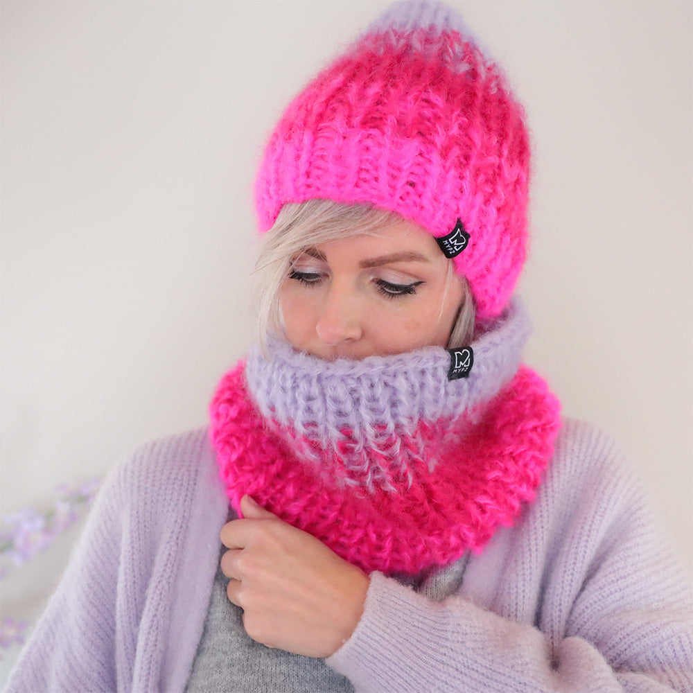 Modèle de tricot – bonnet + snood en mohair épais dégradé (ENG-DE-NL-ES-FR-IT-DA-SV-NO)