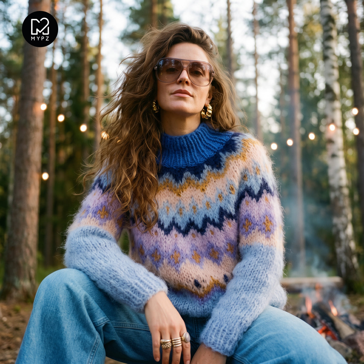 MYPZ Pull en mohair épais tricoté du haut vers le bas Blueberry
