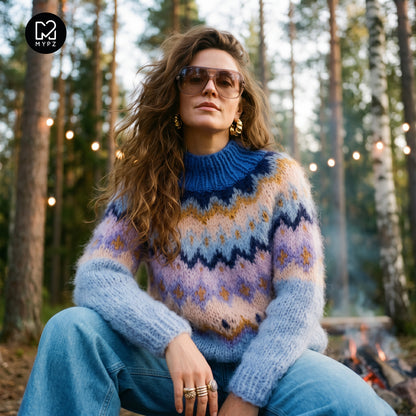 MYPZ Pull en mohair épais tricoté du haut vers le bas Blueberry
