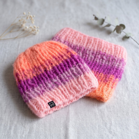 Kit de tricot – bonnet + snood en mohair épais dégradé Orange (ENG-DE-NL-ES-FR-IT-DA-SV-NO)
