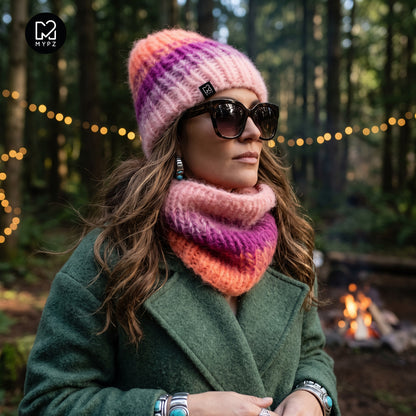 Kit de tricot – bonnet + snood en mohair épais dégradé Orange (ENG-DE-NL-ES-FR-IT-DA-SV-NO)