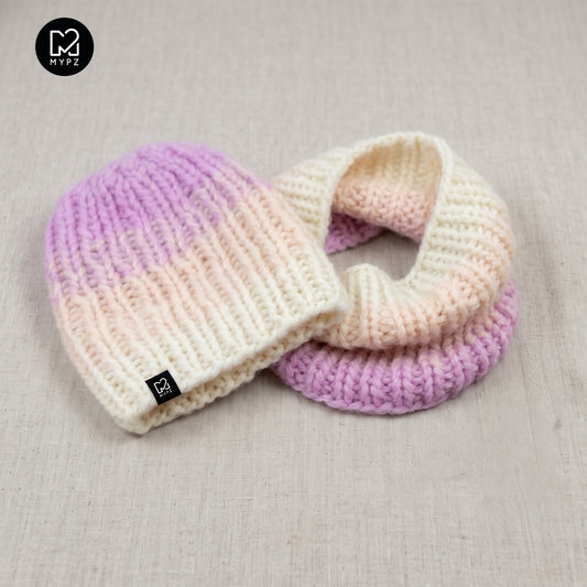 Kit de tricot - bonnet + snood en alpaga chunky dégradé Powder (ENG-DE-NL-ES-FR-IT-DA-SV-NO)
