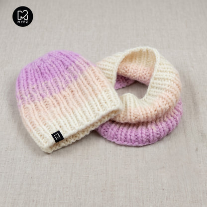 Kit de tricot - bonnet + snood en alpaga chunky dégradé Powder (ENG-DE-NL-ES-FR-IT-DA-SV-NO)